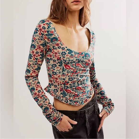 FREE PEOPLE Melanie Long-Sleeve Top-Sand Combo Floral Ruffle‎ Corset Size XS NWT - Picture 1 of 16